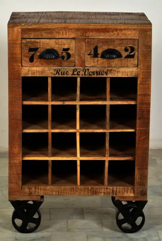 Rustic Industrial Wine Bottle Holder with 2 Drawers on Casters - popular handicrafts